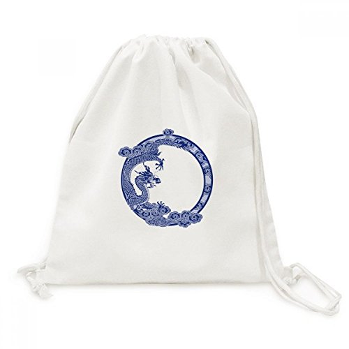 Sac cordon dragon bleu en toile de style chinois pour voyage et loisirs quotidiens