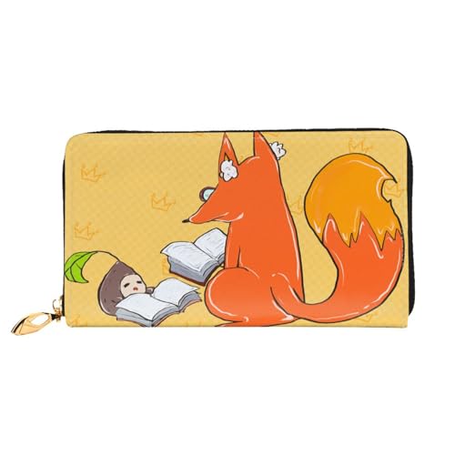 Leather Women Wallets, Long Credit Card Holder, Sunflower seeds and foxes Print Billfold Clutch & Travel Purse Large Capacity