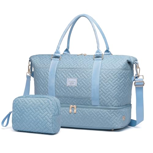 Image of Duffle Bag for Travel, Weekender Bag with Shoe Compartment, Carry On Overnight Bag for Women with Toiletry Bag, Gym Bag with Wet Pocket, Hospital Bags for Labor and Delivery Beige, Blue-Embroidery