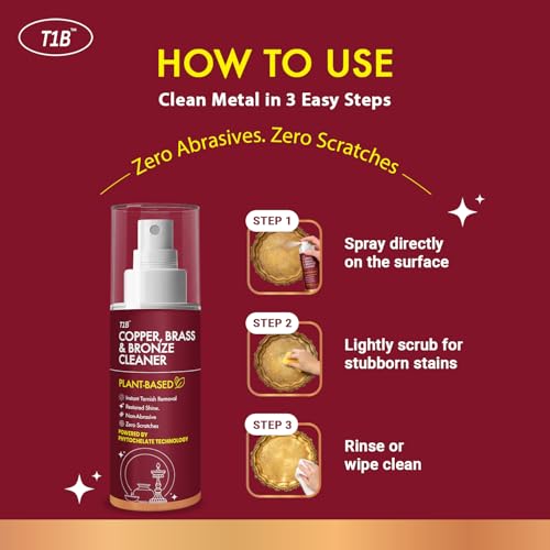 Image of T1B | India's 1st Concentrated Plant-Based Copper, Brass & Bronze Cleaner Spray | Tarnish, Oxidation & Stain Removal | Suitable for Utensils, Idols, Diyas, Cookware 150 (Pack of 2)