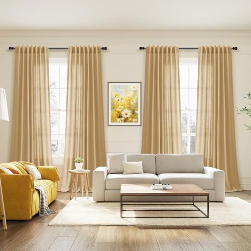 Image of Extra Long Gold Yellow Linen Curtains 120 Inch for Living Room 2 Panels Set Rod Pocket Back Tab Linen Window Drapes Semi Sheer Light Filtering Privacy High Ceiling Drapes for Farmhouse 52x120