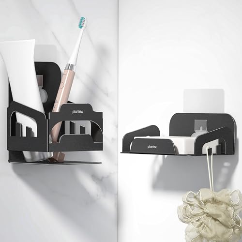 Image of Plantex Self Adhesive Soap Dish with Tumbler Holder /Stainless Steel Soap Holder /Tooth Brush Stand for Bathroom Accessories (Black, Combo)