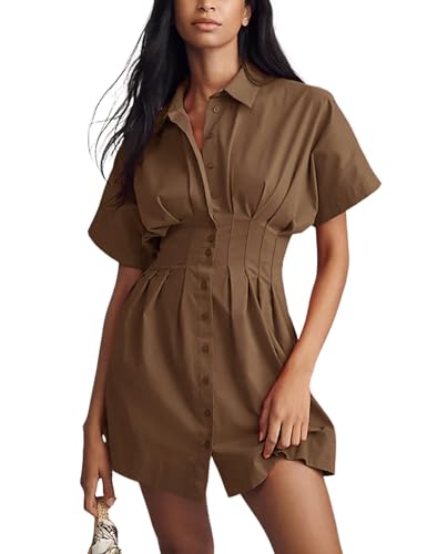 Image of Burtell Summer Button Down Pleated Shirt Dress for Women Striped Print V Neck Short Sleeve Mini Dress Casual Corset Dresses
