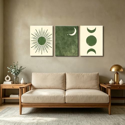 Image of Frimeeme Boho Sun and Moon Canvas Wall Art Set of 3,12x16 Inch,Framed | Mid Century Modern Minimalist, Living Room Bedroom Decor, Ready To Hang