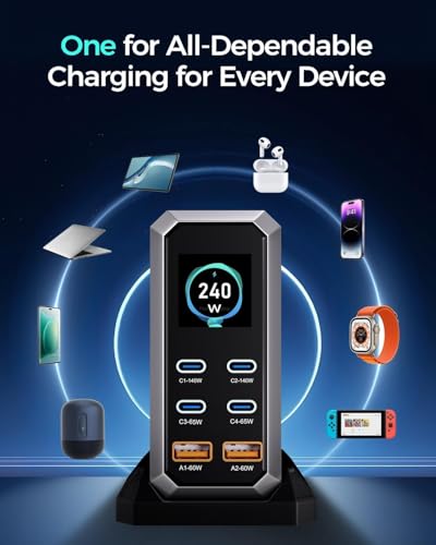 Image of USB C Charger Block, 240W GaN USB C 6-Port Charger Station, Laptop Power PD Adapter with Touch Control and Color Display, Charging Station for Ma Book, 1Phone, Sam /Sung, Laptop, 1Pad, Desktop (HW186)