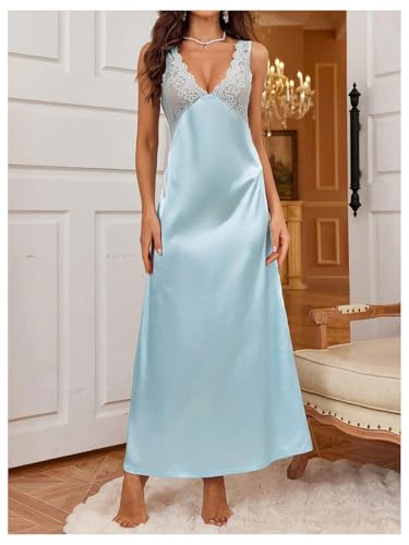 Image of WDIRARA Women's Satin Sleepwear Nightgown | Lace, Backless, Deep V Neck, Sleeveless, Long