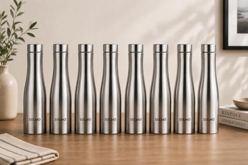 Image of Solimo Water Bottle Quality Hi-Rise Stainless Steel Single Wall 1000ML, Fridge Water Bottle |BPA Free | single wall Leak-Proof, Best for School /Office /Home /College /running (Pack 8)