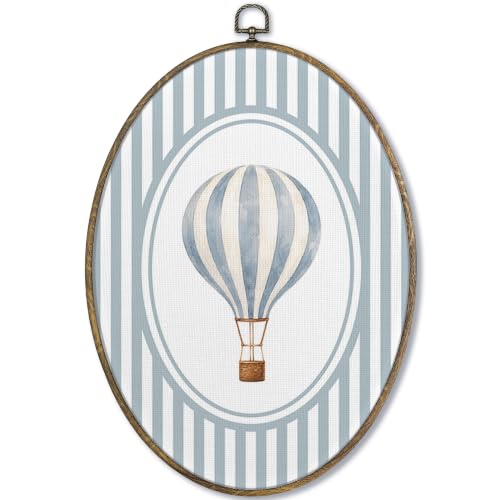 Fewgb Vintage Hot Air Balloon Nursery Oval Wall Art Decor, Baby Girls Boys Toddler Kids Room Playroom Bedroom Canvas Wall Art Framed Prints, Blue Striped Hanging Room Decor Picture Artwork 9x12