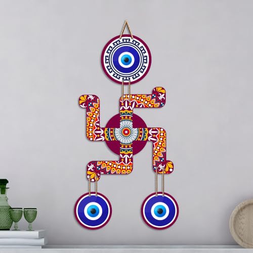 Image of Artvibes Mandala Swastik Wall Hanging with Evil Eye Protection Charms | Decorative Wooden Hindu Decor for Entrance | Home Temple | Living Room | Symbol of Good Luck | Prosperity (WH 85106N)