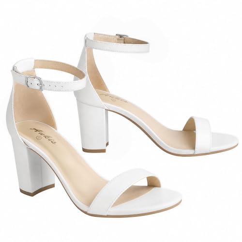 Ankis White Heels for Women - Open Toe Ankle Strap Chunky Heel Pump...
