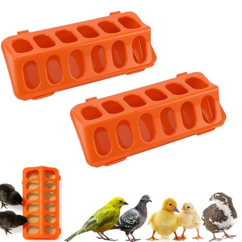 Lot de 2 mangeoires à volaille en plastique avec couvercle rabattable, mangeoire pour poussins pour poulets, canetons, cailles, pigeons et petits oiseaux – Mangeoire de ferme résistante aux