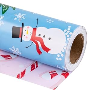 LeZakaa Reversible Christmas Wrapping Paper Roll – Snowman in Blue & Candy Cane in Pink for Christmas, Holiday, Party – 17 inches x 32.8 Feet (46.45 sq.ft.)