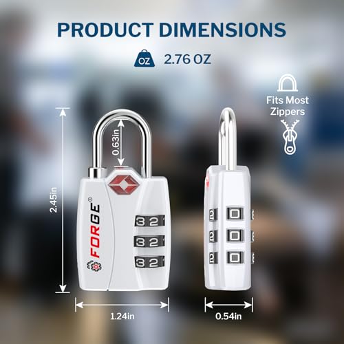 Image of Forge Open Alert TSA Approved Luggage Locks - 3 Digit Combination, Easy Read Dials, Zinc Alloy Body - Ideal Travel Lock for Luggage, Suitcases, Bags & Toolboxes. White 2 Locks.