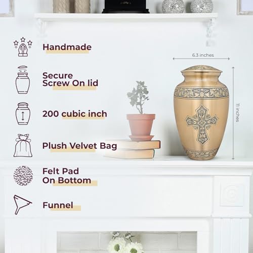 Image of Trupoint Memorials Cremation Urns for Human Ashes, Funeral Memorial Urn for Male and Female, Decorative Burial Metal Urn Collection for Adult Men & Women - Gold Cross, Adult (200 LB)