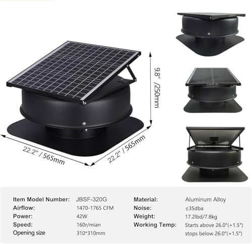 Ventilatore solare ad alto flusso d'aria – 42 W, 1470 CFM, termostato controllato per la ventilazione del tetto per casa, garage, serra, camper – soluzione di raffreddamento ad alta efficienza