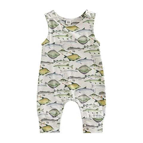 Arvbitana Newborn Toddler Baby Girl Boy Sleeveless Cartoon Romper Bodysuit Jumpsuit Animal One Piece Outfit Summer Clothes (O-White fish print,3-6 Months) Cover