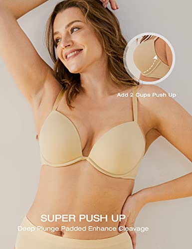 Deyllo Women’s Push Up Underwire Bra Super Padded T-Shirt Bra Add Two Cups(Beige,32Ddd) #TOP1