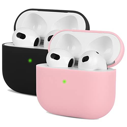 Mocarheri Coque en Silicone Compatible avec Airpods 3, Housse Protecteur pour AirPods 3ᵉ Génération 2021,Ultra-Thin, Étui de Protection Souple pour Airpods 3, LED Avant Visible,Noir/Rose (2pcs)