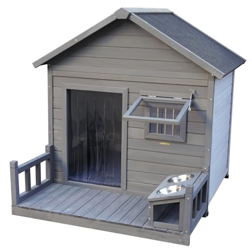 arsehhwe Spacious Large Balcony Doghouse with Weatherproof Roof and Terrace for Dogs Up to 80 lbs, Easy Assembly, Gray