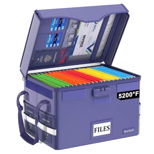 DocSafe 5200°F Fireproof Document Box with Lock,Heat Insulated File Organizer Storage with Pockets,Collapsible Portable Home Office File Safe Box with Handle for Hanging Letter/Legal Folders, Blue