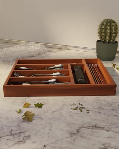Image of Premium 6-Partition Cutlery Tray | 30x40 cm Brown Drawer Organizer | Multipurpose Flatware Holder for Spoons, Forks, Knives & Kitchen Utensils