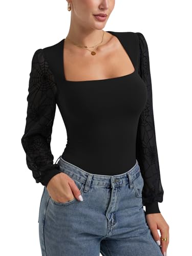 Image of PINKMSTYLE Women's Spider Web Mesh Puff Sleeves Bodysuit for Halloween