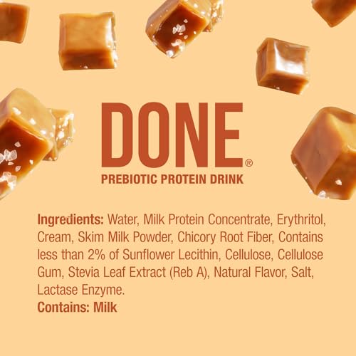 Image of Done Prebiotic Protein Shake, Salted Caramel, 20g Protein, 8.4oz, 8 Pack | 20g Whey Protein, High Fiber, Prebiotic, Lactose & Gluten Free, No Added Sugar, Ready-to-Drink Shake, 8-Pack
