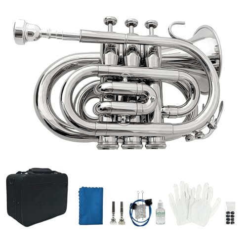 ZEZELIFE Mini Trompeta De Bolsillo Bb Instrumento De Viento, Incluye 2 Boquillas, Kit De Limpieza,...