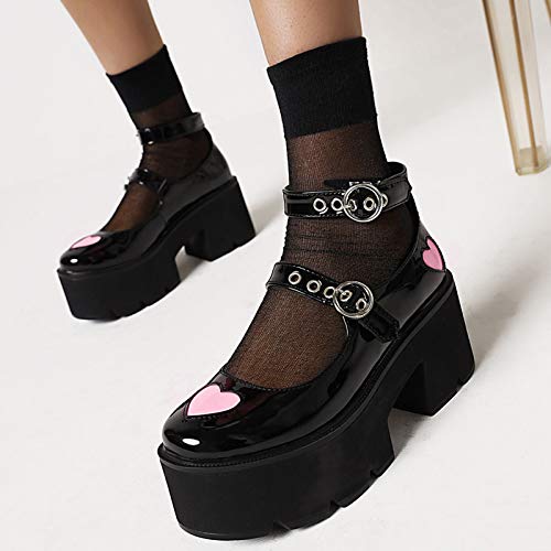 Erocalli Platform Mary Jane Shoes for Women Chunky High Heel Pumps Cute Heart Ankle Strap Lolita Shoes Party Dress Shoes Black4