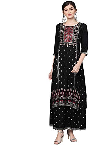 Image of ishin Women's Rayon Black Embellished A-Line Kurta Palazzo Set