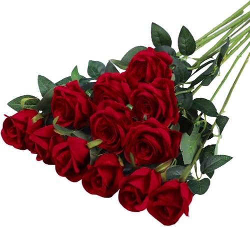 VIDSTW 12 rosas artificiales 52 cm, ramo de flores artificiales con hojas verdes, flores artificiales, decoración realista, para decoración de hogar, boda, fiesta, jardín (burdeos)