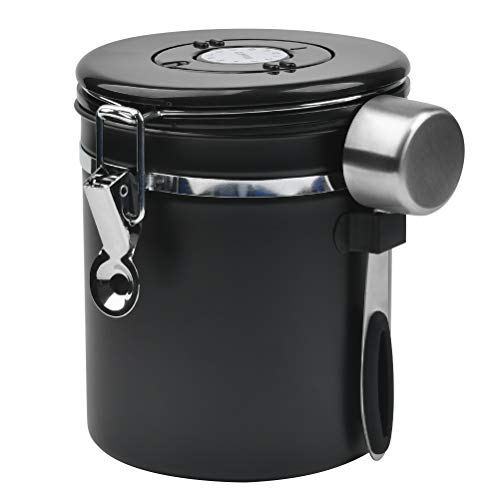 JAOMON 1.5L Jarra de Café, Recipiente Hermético Sellado al Vacío, Recipiente para Café, té, Dulces, Especias, Tarros Tarros de Acero Inoxidable Negro para Conservas de Café con Cuchara