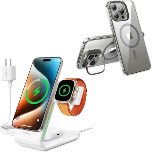 TORRAS Lstand iPhone 15 Pro Max Case Grey & 3 in 1 Charging Station with MagSafe Charger Stand