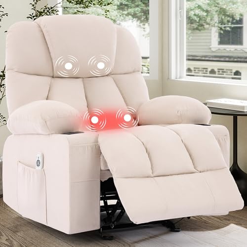 Image of Massage Rocker Recliner Chair, Ergonomic Rocking Recliner Sofa with Vibration Massage & Heat, Reclining Fabric Nursery Chair for Living Room Lounge with 4 Pockets, 2 Cup Holders, Beige