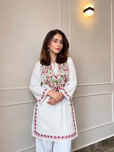 Image of GoSriKi Short Kurti for Women Viscose Embroidered | Kurti for Woman Regular Fit | Round Neck V Slit Full Sleeve Stylish Ladies Top Ethnic Wear Womens Clothing Trendy Kurta Tops