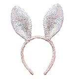 Haakong Sequin Easter Ears Headband for Women Adult Halloween Easter(White and Pink, One Size)