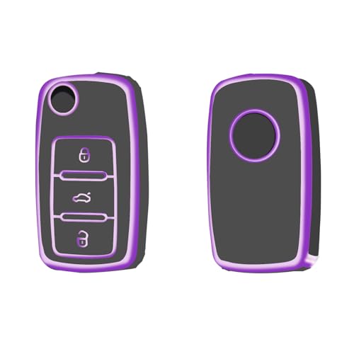 YALNORVA for VW Key Fob Cover, Full Protection TPU Key Fob Case Cover Fits for VW Volkswagen Jetta Beetle Tiguan Passat Polo Golf Car Accessories Smart Key Holder, Purple Black