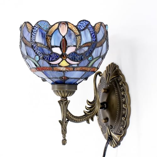 Image of Tiffany Wall Sconce Lamp Stained Glass 8X10.5X11 Inch Plug in Wall Bedside Light for Hallway Bedroom (Blue Purple Cloudy Style)