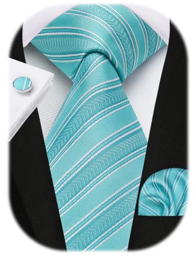 Image of Enlision Mens Ties Stripe Tie and Pocket Square Set Classic Formal Woven Neckties Handkerchief Cufflinks Wedding