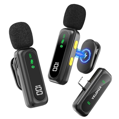Image of VELOMAX Mic for YouTube Wireless, Noise Reduction Magnetic Clip Wireless Microphone with LED Indicator and Battery Display for Video Recording Creators (Dual Mic)