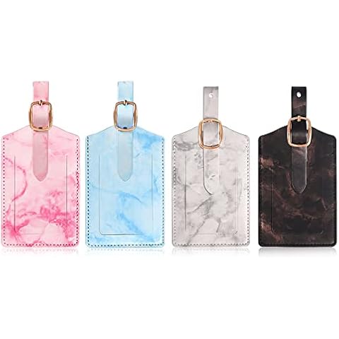 4 Pack Luggage Tags, LEUOSO Travel Secure Luggage Tags, PU Marble Baggage Labels, Suitcase ID Tag Set, Personalized Business Card Holder for Travel Privacy Protection, Preventing Loss Cover