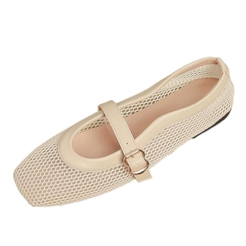 Women's Mesh Flats Shoes Dressy Comfortable Square Toe Flats with Buckle Strap Casual Mary Janes