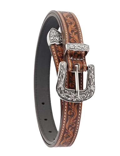 TOPACC Girls Western Belts for Women Brown Cowgirl Belt Cowboy Floral Embossed Thin Skinny Belt for Jeans Dresses Country Concert Outfit