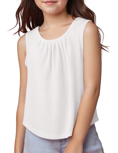 Spring&Gege Girls Tank Tops Summer Waffle Crochet Knit Sleeveless Sweater Top Pleated Crewneck Tunic Cami Shirts (5-12 Years)