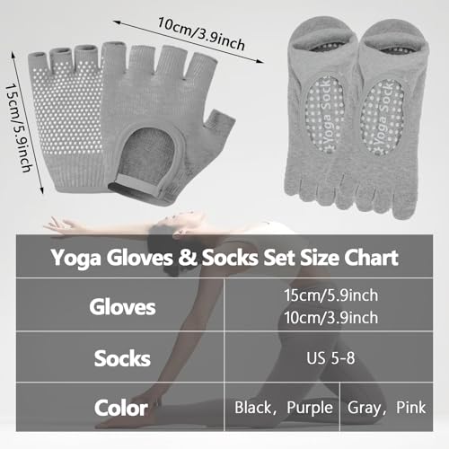Image of 2 Pairs Non Slip Yoga Gloves Socks Set, Women Fingerless Gym Gloves and Pilates Socks for Fitness Exercise Yoga