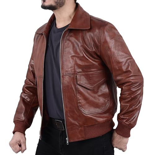 mens Genuine Brown Leather Jacket | Removable faux Fur Collar – Dual Side Pockets | Vintage Classic Biker Bomber Coat4