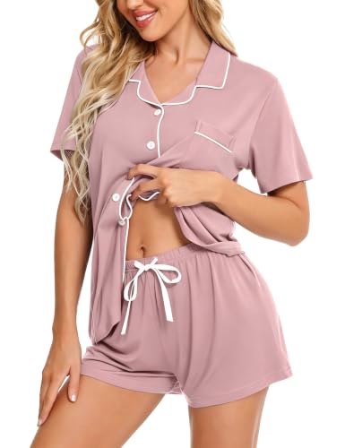 Image of SWOMOG Womens Button Down Pajamas Set Short Sleeve Sleepwear Bride Soft Pj Lounge Sets XS-3XL