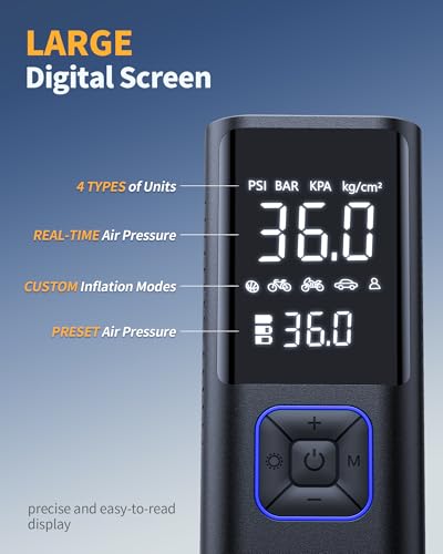 Image of Powools Cordless Tire Inflator 150PSI Portable Air Compressor with Auto Shutoff, Air Pump for Car Tires, Motorcycle, Bike, Balls, Inflatables, LED Light, Blue, Large Capacity