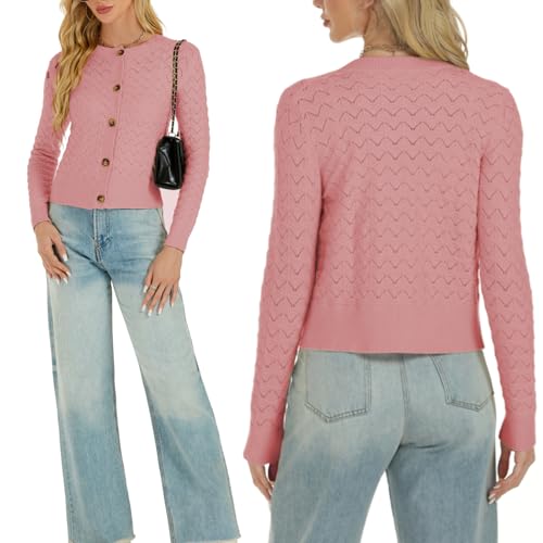 Image of Women's Long Sleeve Cropped Knitted Sweater Cardigan Button Down Open Front Knitted Shrug Sweaters