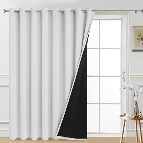 Image of Yakamok Greyish White Blackout Patio Door Curtain Panels W100 x L84,1 Panel | Noise Reducing Barrier Panel for Sliding Glass Door, 2 Thick Layers Heat Full Light Blocking Patio Door Drapery